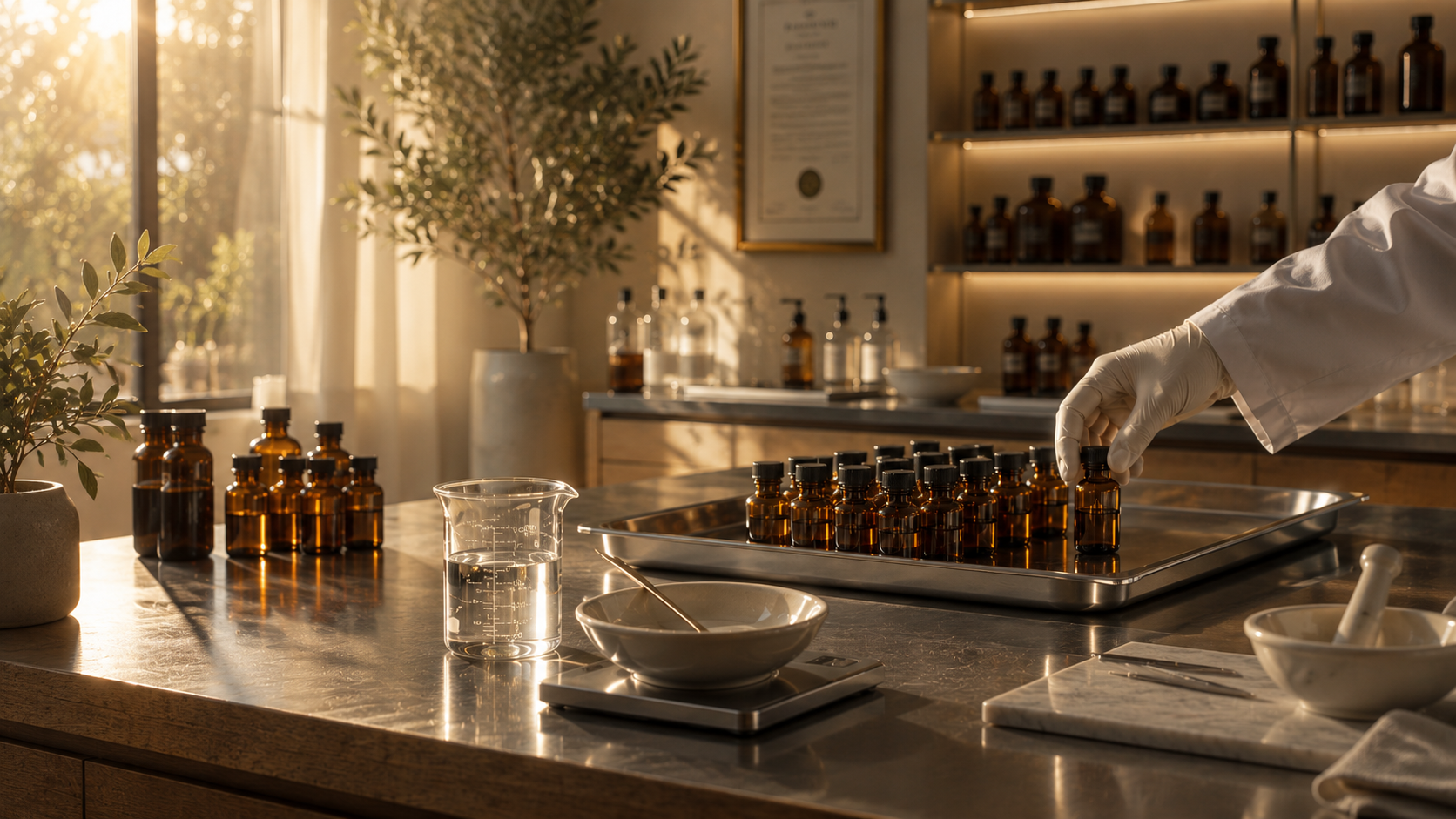 A compounding bench at golden hour: a gloved hand arranging amber vials on a stainless tray beside a graduated beaker and a mortar and pestle, with shelves of amber bottles behind.