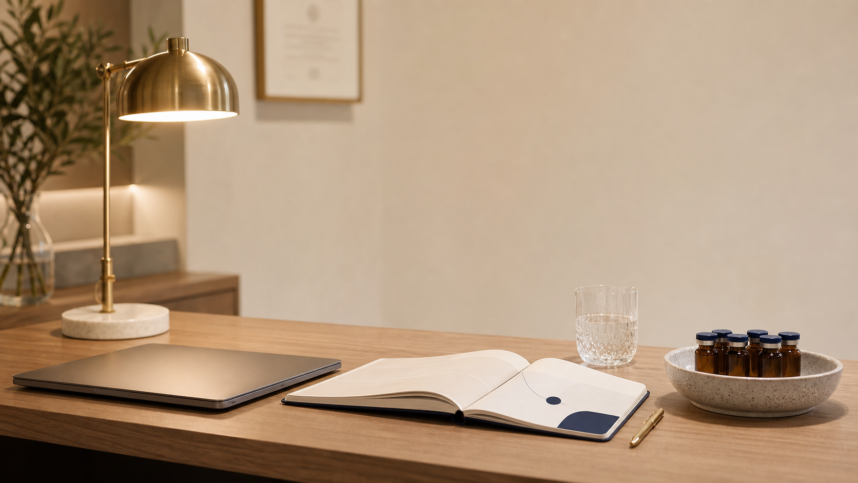 A clinic desk at the end of the day, notebook closed beside a laptop